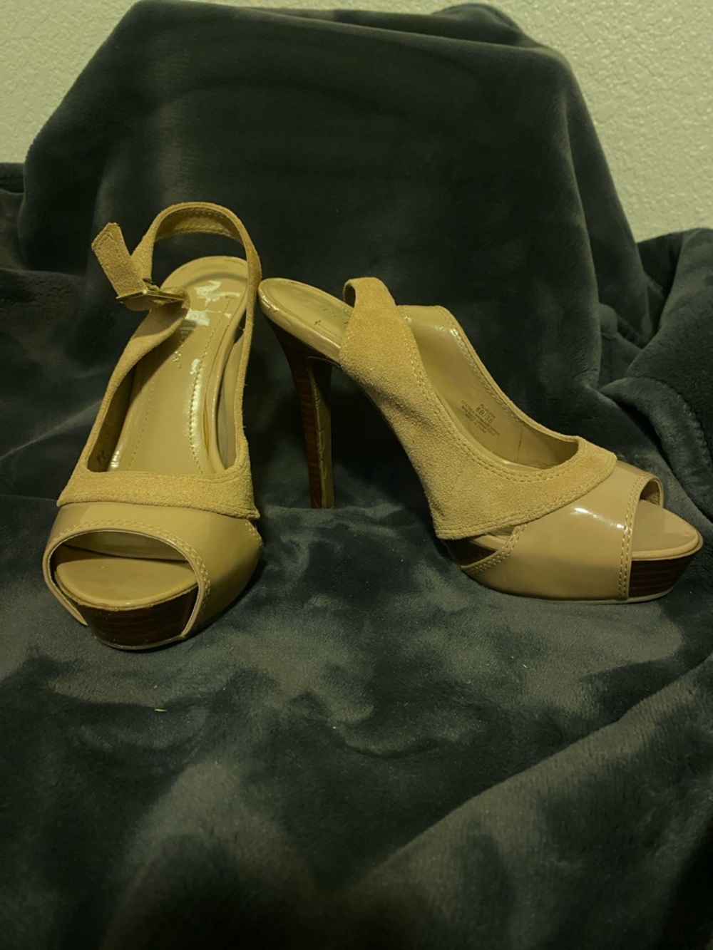 BCBGeneration Tan Peep-Toe Slingback Heels